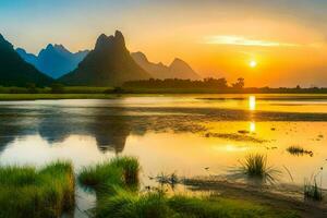 the sun rises over the li river in china. AI-Generated photo