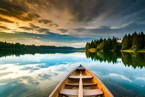 un canoa es flotante en el calma aguas de un lago. generado por ai foto