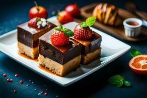 three squares of chocolate cake with strawberries on a white plate. AI-Generated photo