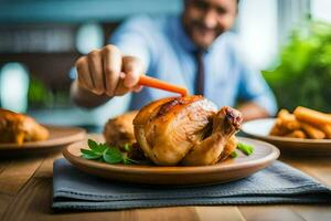 a man is eating a chicken on a plate. AI-Generated photo