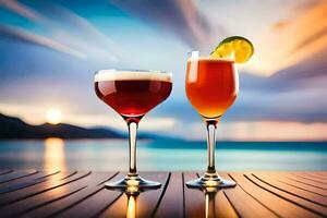 two glasses of alcohol on a table with sunset in the background. AI-Generated photo