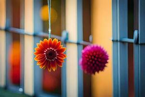 two colorful flowers hanging from a fence. AI-Generated photo
