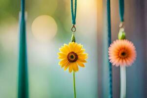 two colorful flowers hanging from strings. AI-Generated photo