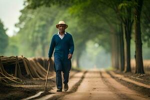 un antiguo hombre caminando abajo un suciedad la carretera con un caña. generado por ai foto