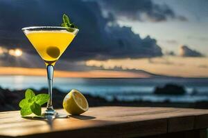a cocktail with lemon and mint on a table in front of the ocean. AI-Generated photo