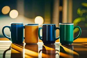 five colorful coffee mugs lined up on a table. AI-Generated photo