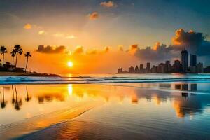 the sun sets over the beach and city skyline. AI-Generated photo
