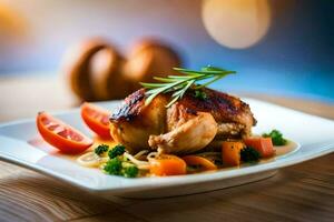 a chicken breast with vegetables and sauce on a white plate. AI-Generated photo