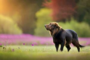 a dog is standing in a field with purple flowers. AI-Generated photo