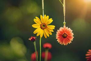 two flowers hanging from strings in the sun. AI-Generated photo