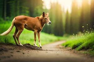 a deer is standing on a dirt road in the middle of a forest. AI-Generated photo