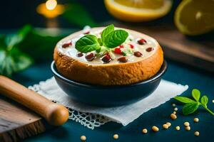 el comida en el cuenco es un cuenco de sopa con un cuchara y un limón. generado por ai foto