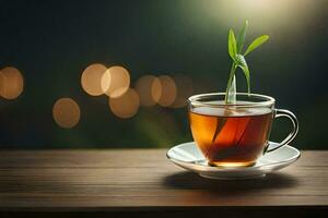 un taza de té en un de madera mesa. generado por ai foto