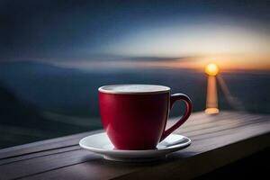 a cup of coffee on a wooden table in front of a beautiful sunset. AI-Generated photo