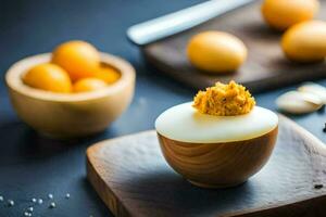 eggs in wooden bowls with spices and other ingredients. AI-Generated photo