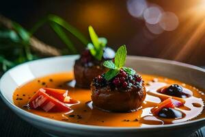 a bowl of soup with meatballs and vegetables. AI-Generated photo