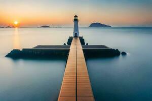 a long pier with a lighthouse at sunset. AI-Generated photo
