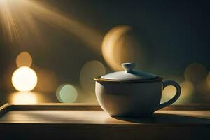 a teapot on a table with bokeh lights in the background. AI-Generated photo