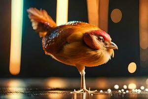 a chicken with a red head standing on a table. AI-Generated photo