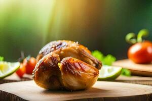 grilled chicken on a wooden cutting board with tomatoes and lime. AI-Generated photo