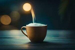 a cup of coffee with a light coming from it. AI-Generated photo