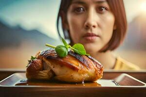 a woman is looking at a plate of chicken. AI-Generated photo