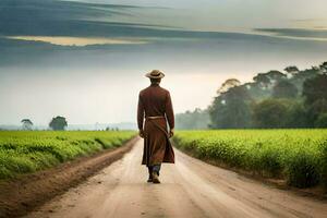 a man in a brown coat walks down a dirt road. AI-Generated photo