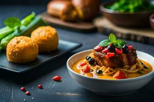 a bowl of spaghetti with meat and vegetables on a table. AI-Generated photo