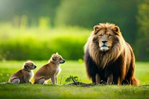 un león y dos cachorros en el césped. generado por ai foto