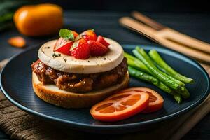 a hamburger with cheese, tomatoes and green beans. AI-Generated photo