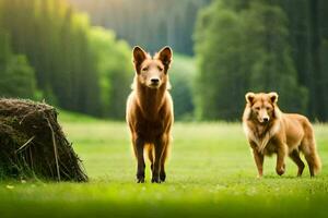 two dogs are standing in the grass next to a tree. AI-Generated photo