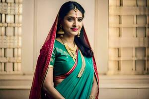 a beautiful indian woman in a green sari. AI-Generated photo