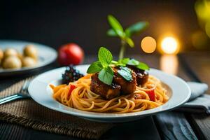 spaghetti with meatballs and tomatoes on a plate. AI-Generated photo