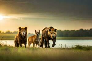 Tres marrón osos caminando en el césped. generado por ai foto