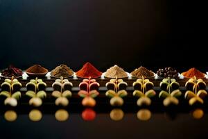 a row of spices on a black background. AI-Generated photo