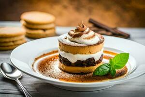 un postre con azotado crema y canela en un lámina. generado por ai foto