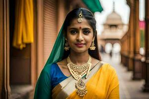 a beautiful indian woman wearing jewelry and a sari. AI-Generated photo