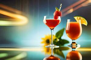two glasses of cocktails with strawberries and strawberries. AI-Generated photo