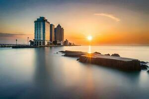 el Dom conjuntos terminado un ciudad horizonte y un cuerpo de agua. generado por ai foto