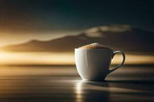 a cup of coffee on a table with a mountain in the background. AI-Generated photo