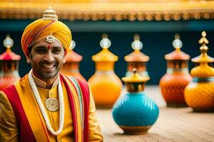 a smiling man in a turban and colorful dress. AI-Generated photo