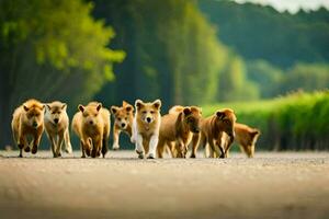 a group of puppies running on a road. AI-Generated photo