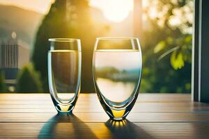 dos lentes de agua en un mesa con un ver de el puesta de sol. generado por ai foto