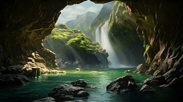 Mountain views and waterfalls on the edge of a cliff with clear streams photo