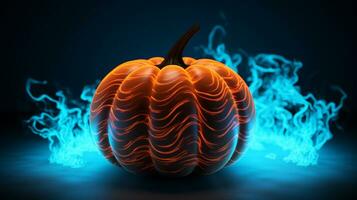 Pumpkin with a cool blue neon light wave pattern. Generative AI photo