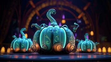 Pumpkins steampunk with a cool blue wave pattern with green and pink neon light. Generative AI photo