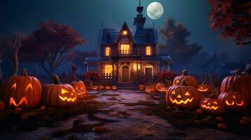 Vintage house with huge pumpkins beside it with neon light. Generative AI photo