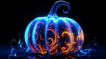 Pumpkin with a cool blue neon light wave pattern. Generative AI photo