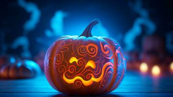 Pumpkin with a cool blue neon light wave pattern. Generative AI photo