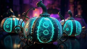 Pumpkins steampunk with a cool blue wave pattern with green and pink neon light. Generative AI photo